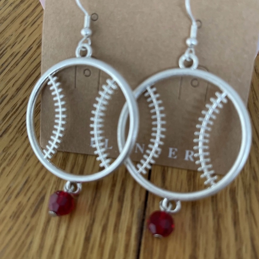 Plunder Fashion Trendy Jewelry Silver Baseball Earrings with Red Accent Stone